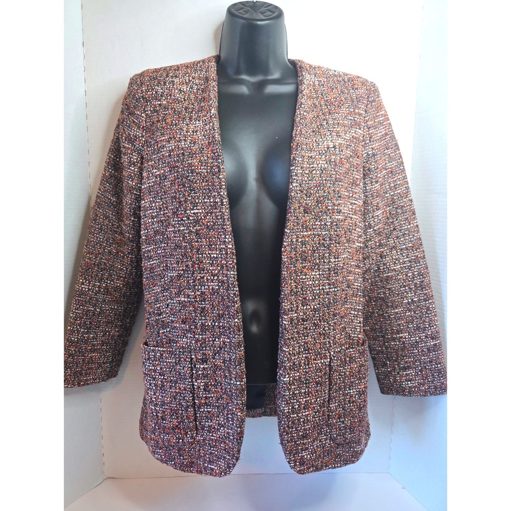 ASOS Tweed Blazer Jacket Orange Black White Textured Open Front SZ 0 - Picture 1 of 11